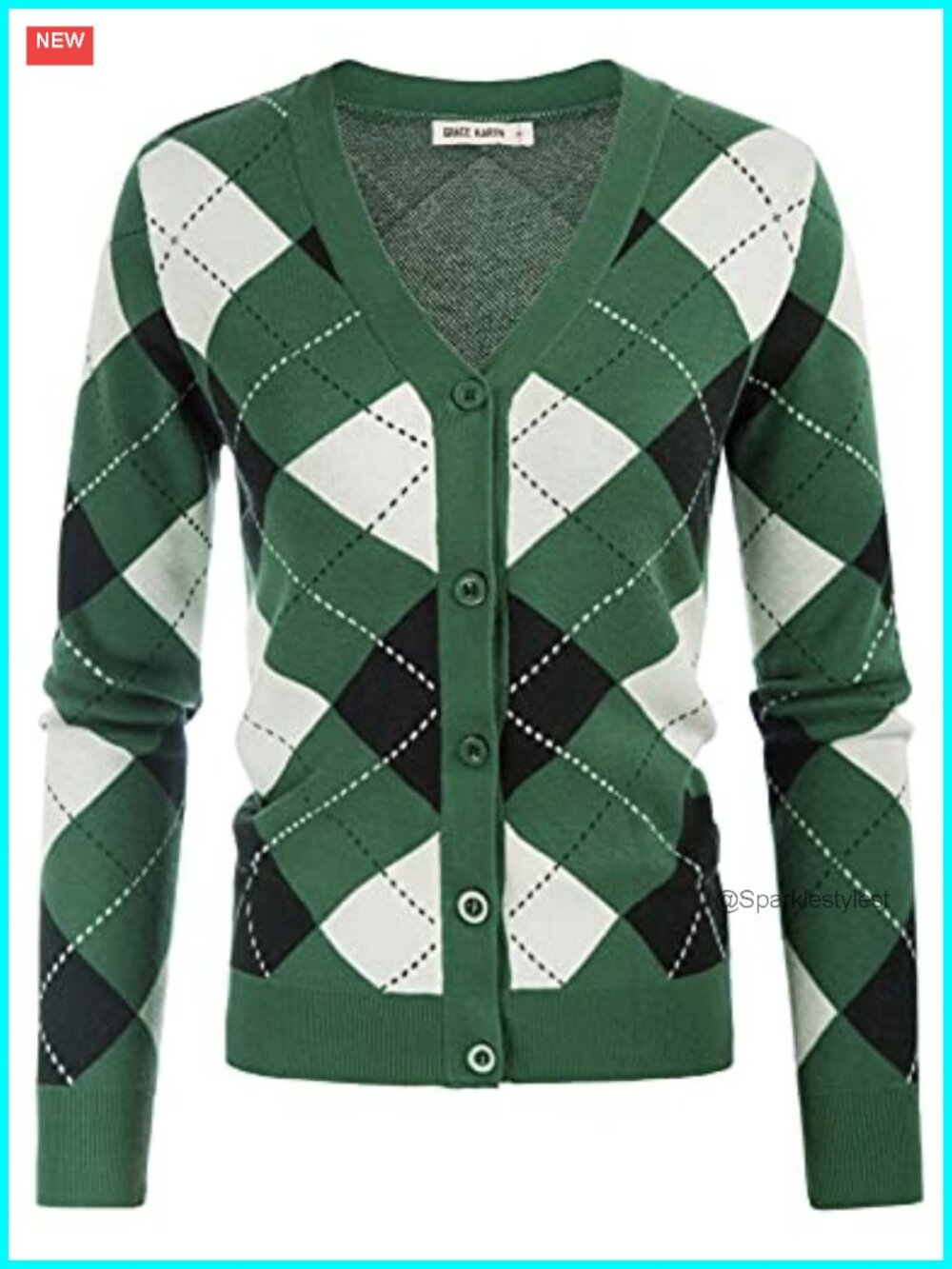 Argyle Cardigan Sweater Button Down V-Neck Knit Preppy
